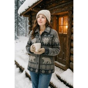 Sonoma Wool Blend Knit Jacket M Polar Bear Snowflake Cabin Core Cozy Casual